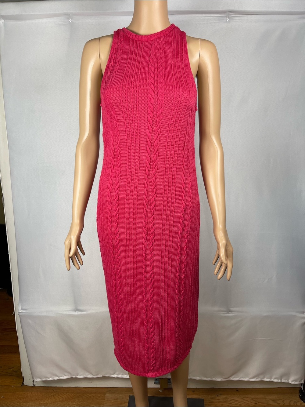 Zara Hot Pink Cable Knit Sleeveless Midi Dress